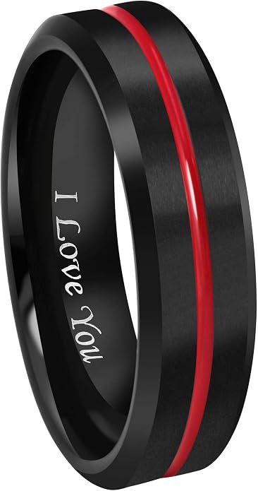 CROWNAL 6mm 8mm 10mm Thin Red Groove Black Brushed Tungsten Carbide Wedding Band Ring Comfort Fit Engraved I Love You Size 5 To 17