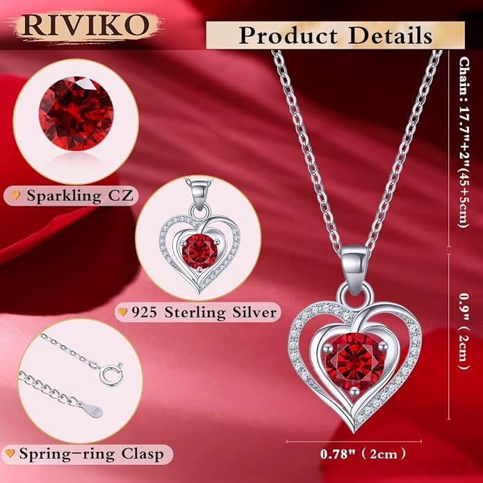RIVIKO Heart Birthstone Pendant Necklace for Women 925 Sterling Silver Zirconia Necklaces Valentine's Day Anniversary Birthday Mothers Day Jewelry Gifts For Her Mother Wife