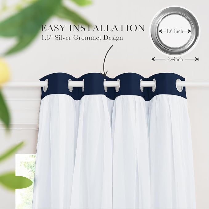 PONY DANCE Navy Blue Double Layered Curtains with Sheer Overlay - Blackout Window Panels Set for Living Room Bedroom, 52 W x 84 L, Set of 2