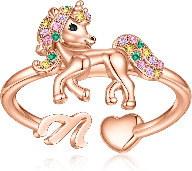 Unicorn Initial Rings for Teen Girls, Rose Gold/White Gold Plated Heart Initial Rings for Girls Adjustable Stackable Rings for Women Diny Heart Ring for Teen Girls Gifts Unicorns Gifts for Girls