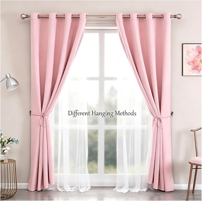 Pink Double Layer Curtains 90 Inch Length- Baby Pink Blackout Curtains with White Sheer Voile for Bedroom, Living Room and Nursery, Girl's Blocking Curtains, 52 x 90 inch