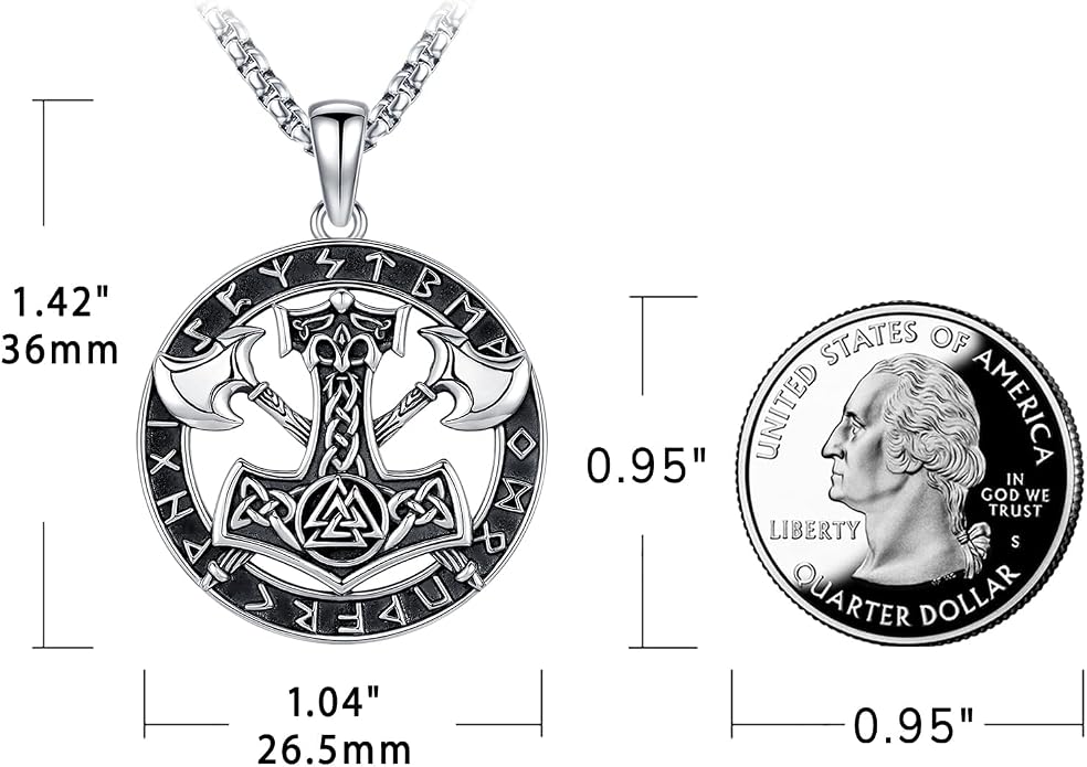 Eusense Viking Necklace for Men Women 925 Sterling Silver Pendant Thors Hammer/Norse Runes/Odin's Ravens/Wolf/Dragon/Snake/Yggdrasil/Freya/Helm of Awe/Valknut/Triskelion/Axe/Shield Viking Jewelry