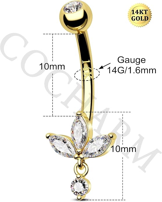 COCHARM 14K Solid Gold Belly Button Rings 14K Gold Belly Rings for Women 10MM Barbell 14k Gold Flower Belly Piercing Jewelry
