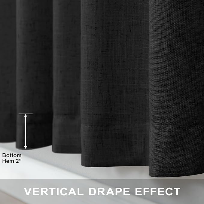 Black Linen Curtains 84 Inch Length for Living Room 2 Panel Back Tab Pocket Muslin Light Filtering Semi Privacy Thick Sheer Floor Length Curtain for Mens Bedroom Man Cave Modern Farmhouse Gothic Decor