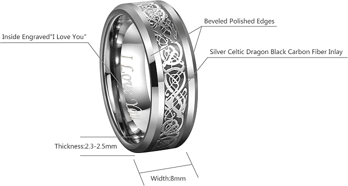 CROWNAL Black Dragon Men Black Tungsten Carbide Ring Wedding Band 6mm 8mm 10mm Red Carbon Fiber Black Celtic Dragon Inlay Engraved I Love You Size 7 to 17