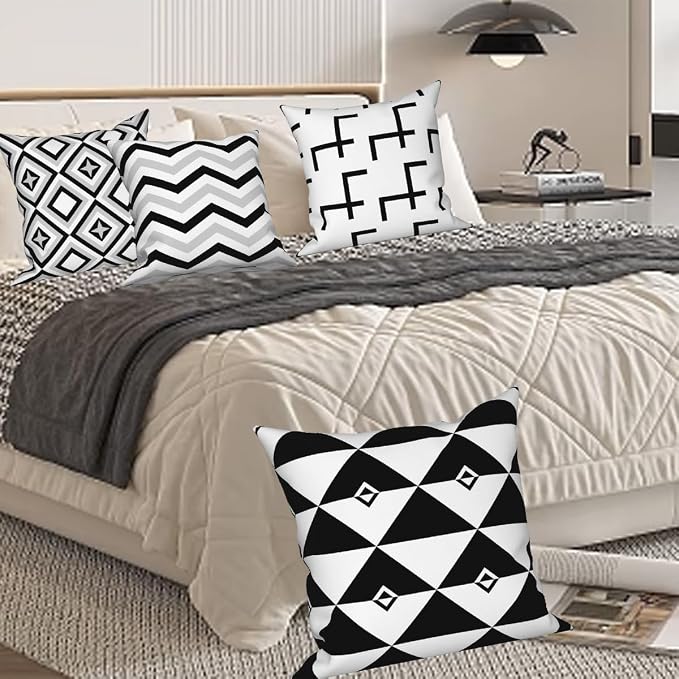 Black White Throw Pillow Cover 22"x22" Set of 4, Modern Minimalist Geometric Irregular Stripes Cushion Cover for Sofa Chair Couch Bed Office Garden Patio Farmhouse Indoor Outdoor