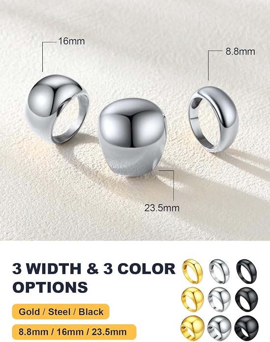 U7 Chunky Gold Dome Rings for Women, Stainless Steel/18KGold Plated/Black Statement Ring Non Tarnish Women Rings, Size 7-12
