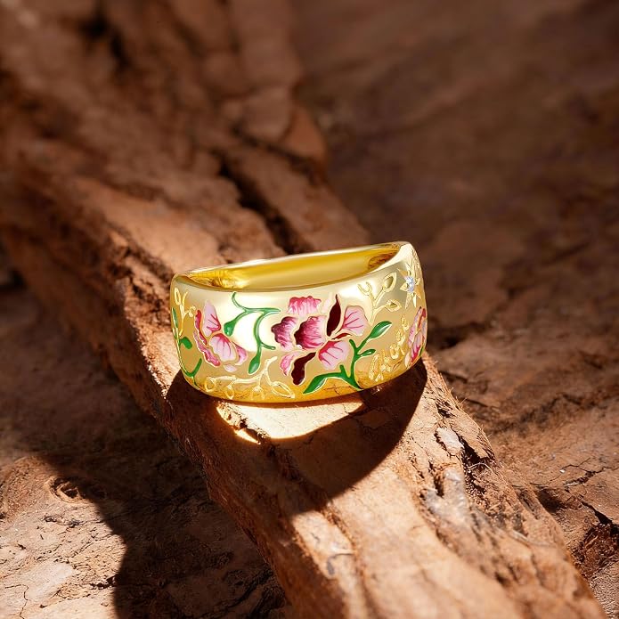 Santuzza 925 Sterling Silver Enamel Flower Pattern Ring for Women