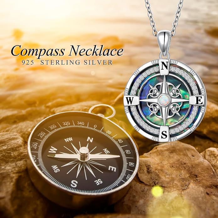 925 Sterling Silver Compass Moonstone Pendant Necklace Celtic Knot Abalone Shell Necklace Jewelry Gift for Women