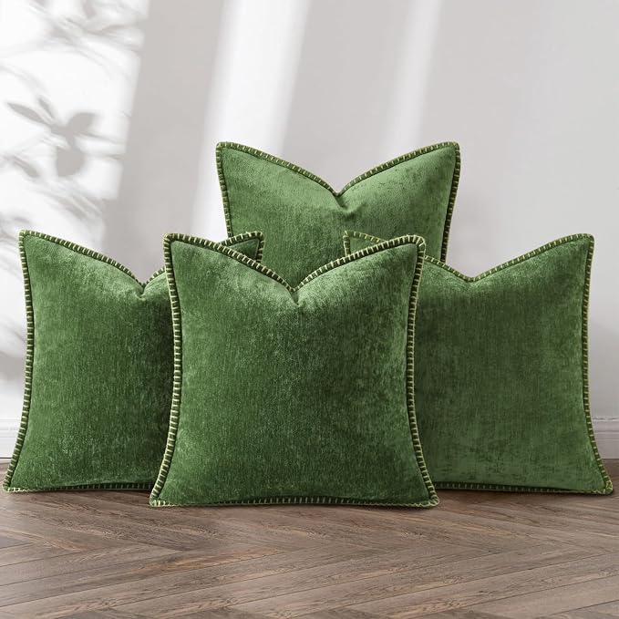 decorUhome Fall Soft Decorative Chenille Throw Pillow Covers 20x20 Set of 4 | Moss Green Cozy Decorative Modern Farmhouse Neutral Pillow Cases with Stitched Edge for Couch Sofa Bed Living Room Home Decor