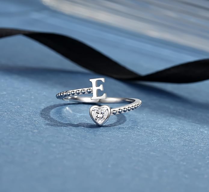 Step Forward 925 Sterling Silver Adjustable Initial Ring for Women | Non Tarnish Letter Rings for Lady | Alphabet Heart Thumb Rings | Capital Letter Jewelry Gifts