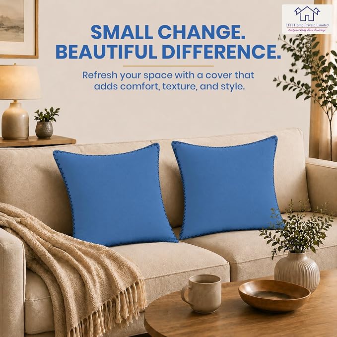 LFH Home Sky Blue Cotton Rich Throw Pillow Covers 18x18 Set of 2, Decorative Cushion Covers with Blanket Stitch Edge, Farmhouse Accent Pillow Cases for Sofa Couch Bed Living Room, 18 x 18 Inch
