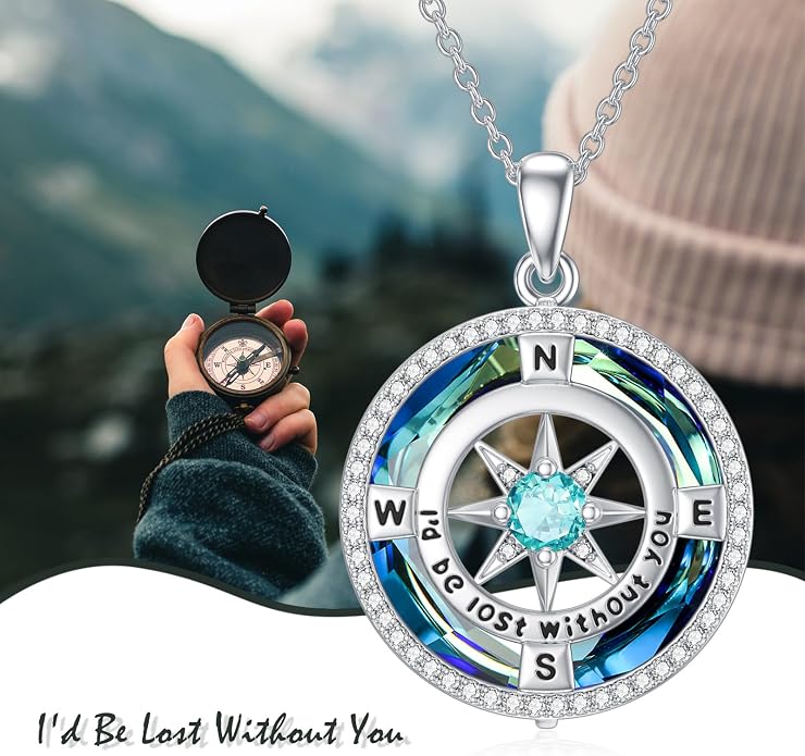 TOUPOP Necklace Gifts for Wife Compass Jewelry Women Anniversary Girlfriend Birthday Gift for Her Valentines I'd be Lost without You Sterling Silver Birthstone Necklaces