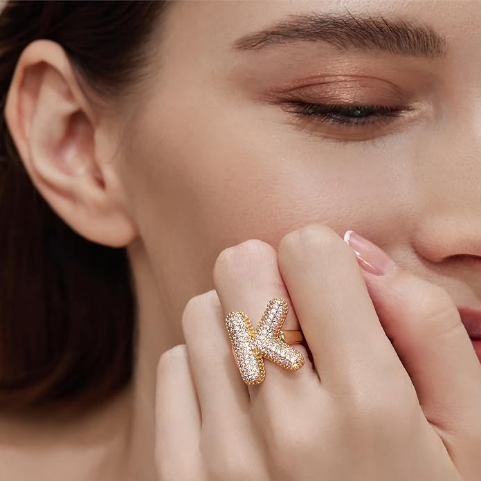 Cicy Bell Initial Rings for Women 14k Gold Plated Cubic Zirconia Delicate Letter Chunky Statement Open Rings Gifts for Her