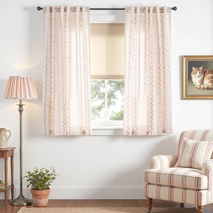 Lazzzy Cathy Linen Floral Curtains 63 inch Length for Kitchen Cute Privacy Curtains for Kids Room Rod Pocket Back Tab Light Filtering Drapes Farmhouse Cottagecore Decor 50"x63" Terracotta on Linen