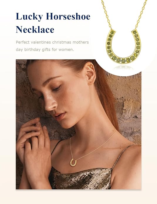 Luck Horseshoe Necklace 14K Gold Plated/Sterling Silver Created Gemstone Pendant with Chain Channel Set U Shaped Charm Necklace Birthstone Jewelry