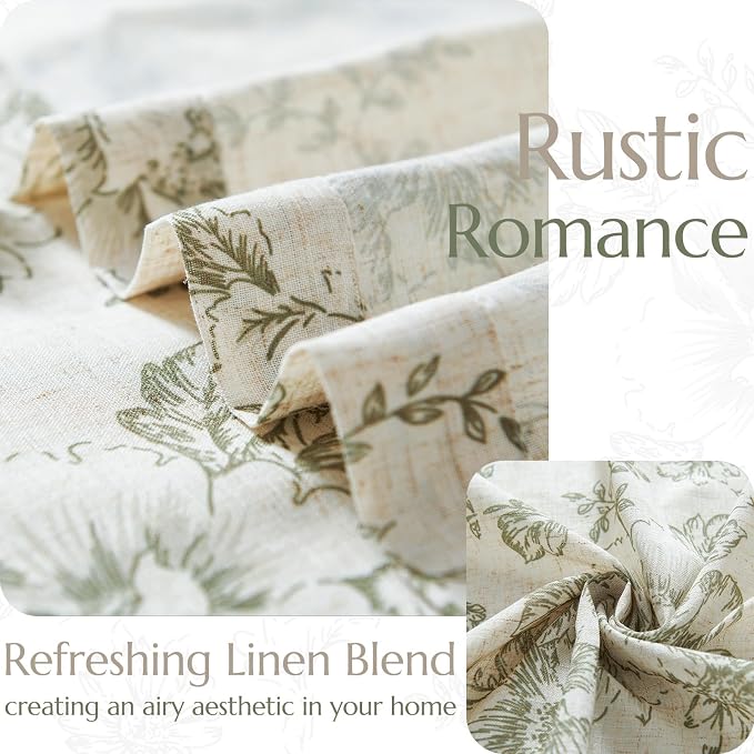 jinchan Green Floral Linen Curtains 63 Inch Farmhouse Back Tab 2 Panels | Light filtering drapes, semi sheer, farmhouse, cottagecore, rustic, living room, bedroom, rod pocket, window treatment