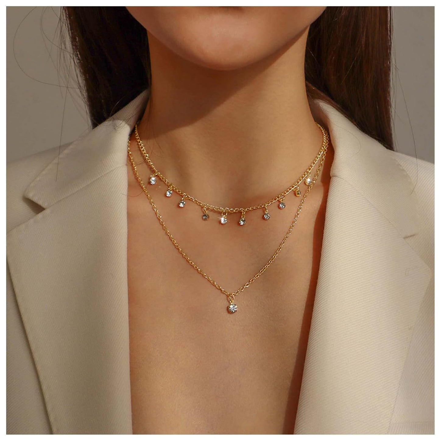 Boho Layered Gold Choker Necklace Crystal Pendant Necklace Rhinestone Tassel Choker Necklace Sparkly CZ Dangle Necklace Chain Jewelry for Women and Girls (Gold)