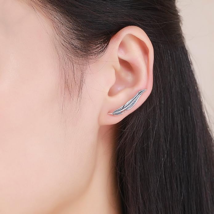 SLUYNZ 925 Sterling Silver Feather Crawler Earrings for Women Climber Earrings Cuff Earrings Wrap