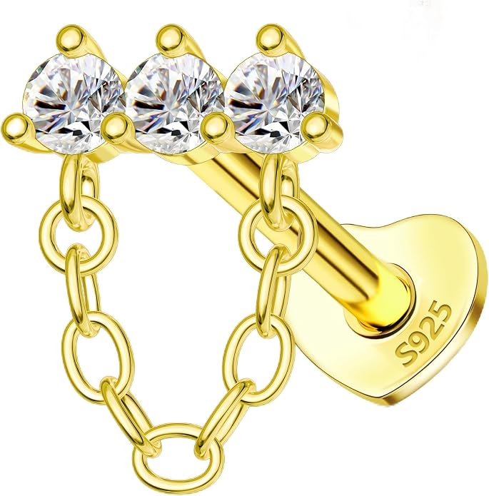 14K Gold Plated Cartilage Earrings Stud 16G 925 Sterling Silver Helix Heart Flat Back Earrings Dangle Internally Thread