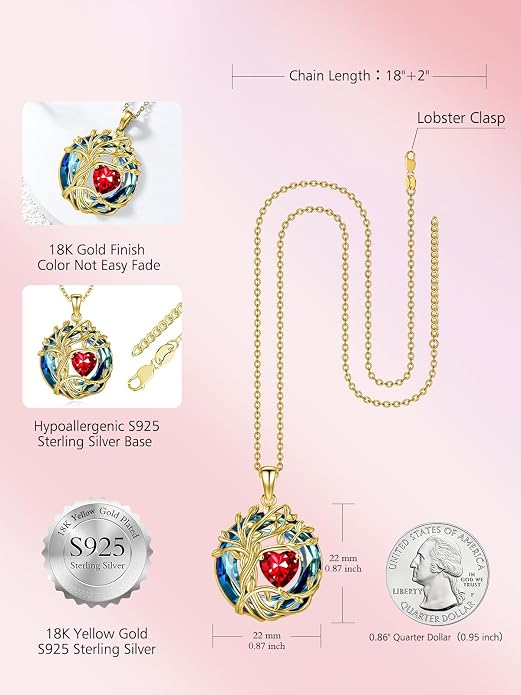 TOUPOP Tree of Life Birthstone Necklace Sterling Silver Pendant Birthstone Necklaces with Blue Crystal Anniversary Birthday Jewelry for Women Mom Wife Her