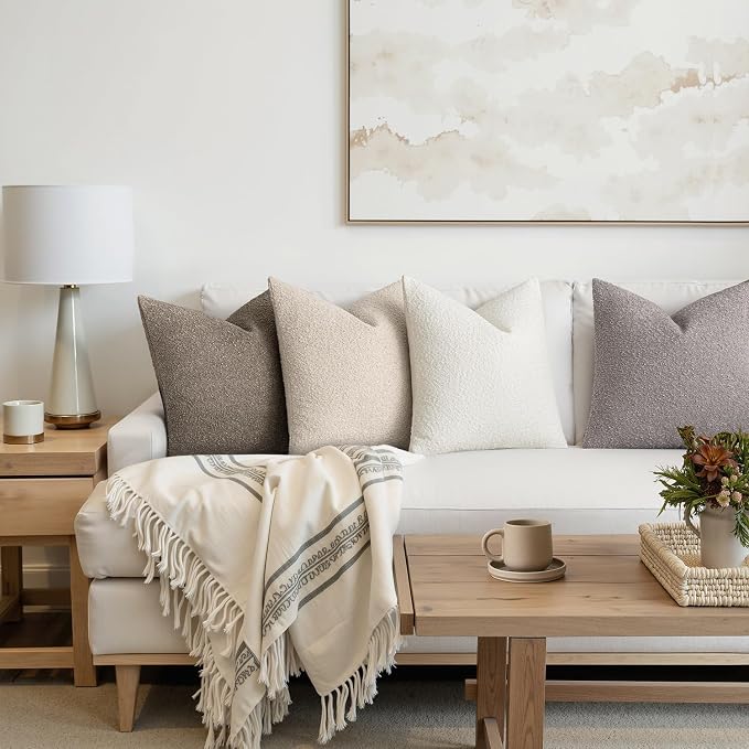 MIULEE Decorative Boucle Throw Pillow Covers 18x18 Inch Neutral Set of 4 | Textured Accent Pillow Cases Soft Couch Cushion Covers for Modern Farmhouse Boho Sofa Bed Livingroom Home Decor