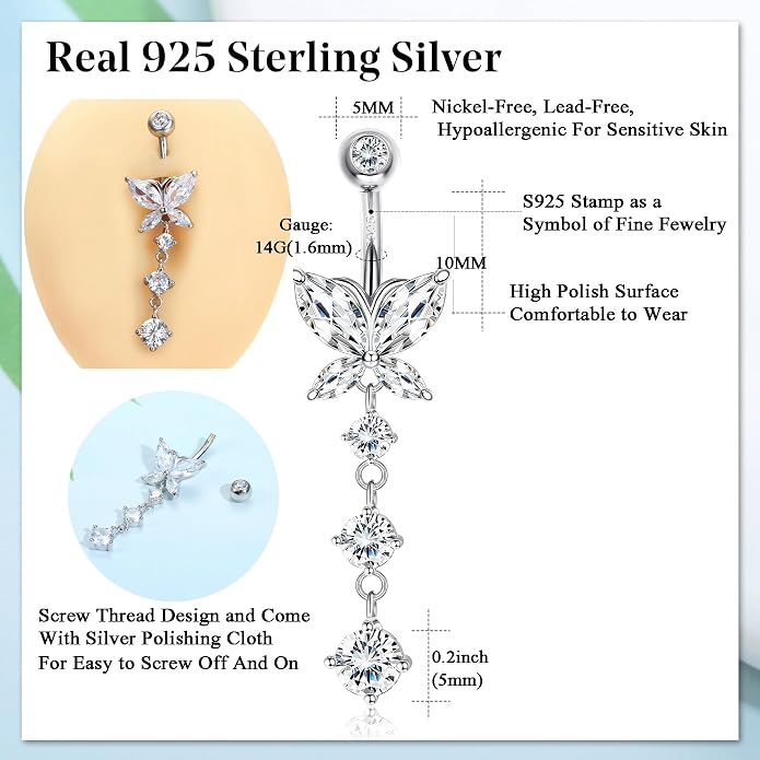 ZELORES 925 Sterling Silver 14G Dangle Belly Button Rings Barbell Belly Rings CZ Opal Belly Body Piercing Jewelry for Women