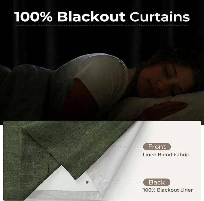 CAPALOCA Loden Green Linen Pinch Pleated Curtains Blackout, 100% Black Out Curtains 84 inch Long for Bedroom, Blackout Thermal Insulated Pinch Pleated Drapes for Living Room, 60" W x 84" L, 1 Panel