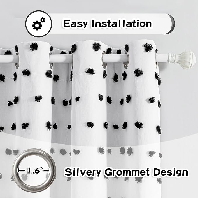 MYSKY HOME 100% Blackout Curtains for Bedroom Total Light Blocking Curtains 95 Inch Extra Long Room Darkening 2 Panels Grommet Sliding Door Privacy Window Drapes with Black Pom Pom Sheer 52" x 95"