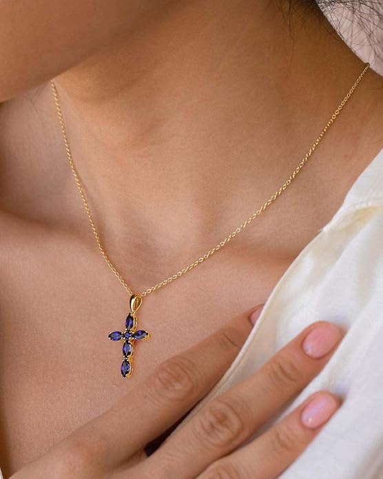 14K Gold Plated 925 Sterling Silver Birthstone Cross Necklace for Women Men