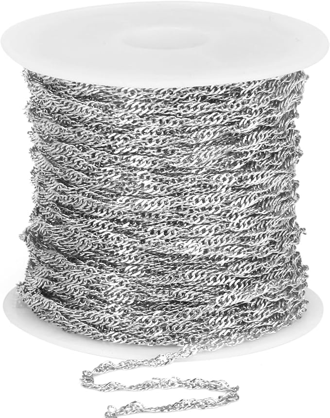 33 Feet Stainless Steel Singapore Chains Roll, 2mm 304 Stainless Steel Twisted Link Chain Bulk Spool for Jewelry Making DIY Craft