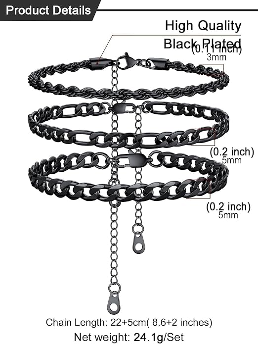 U7 2Pcs/3Pcs Ankle Bracelets for Women, Stainless Steel Cuban Link/Figaro/Rope/Heart Chain Anklets Sets,Waterproof Layered Anklets Adjustable 8.5"-10.5"