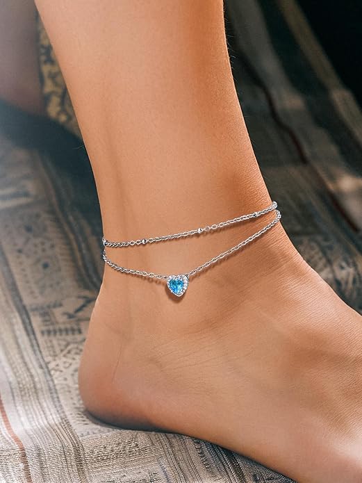 Richsteel Double Layer Heart/Butterfly Birthstone Anklet for Women Non Tarnish Waterproof, Silver/Gold/Black Stainless Steel 8.5-10.5 Inch Adjustable Chain Anklets Jewelry Gifts for Her