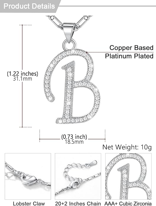 U7 Initial Necklace for Women, Gold/Platinum Plated CZ Crystal Letter A-Z Pendant Necklace, Shiny 20 Inch Name Chain Dainty Personalized Jewelry for Men Mom Wife Friend