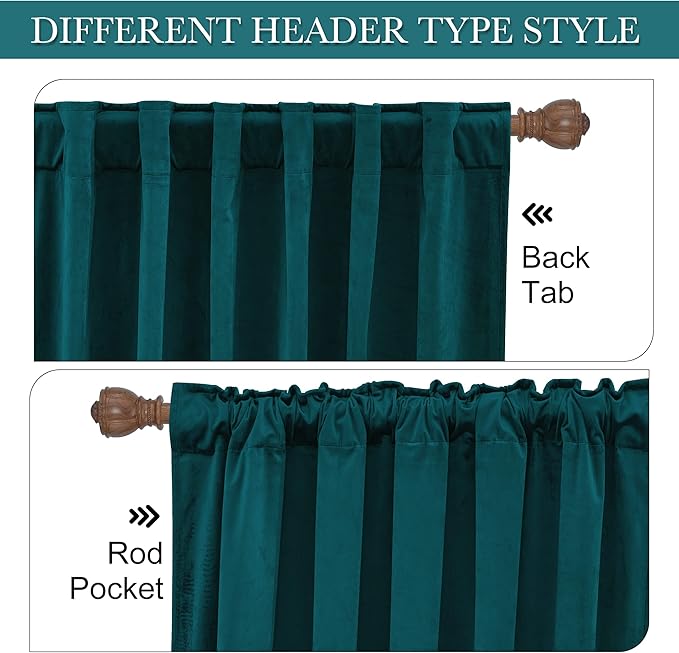RYB HOME Teal Velvet Curtains 94 inches, Back Tab Soft Fabric Room Darkening Thermal Insulated Luxurious Home Decor Curtains for Living Room Bedroom, W 52" x L 94", 2 Panels Set