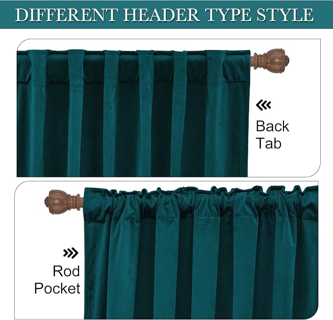 RYB HOME Teal Velvet Curtains 80 inches, Back Tab Soft Fabric Room Darkening Thermal Insulated Luxurious Home Decor Curtains for Living Room Bedroom, W 52" x L 80", 2 Panels Set