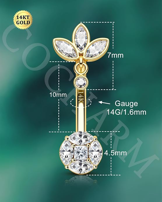 COCHARM 14K Gold Belly Button Rings 14G Dangle lotus Belly Navel Rings for Women 14K Gold Belly Navel Piercing Jewelry 10MM Barbell