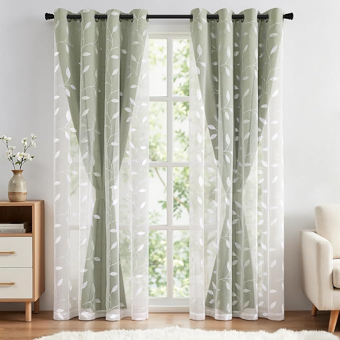MIULEE Double Layer Curtains 84 Inches Long, White Leaf Patterned Sheer Floral Drapes and Sage Green Blackout Room Darkening Curtains for Living Room Bedroom, Grommets Top, 52" W x 84" L, 2 Panels