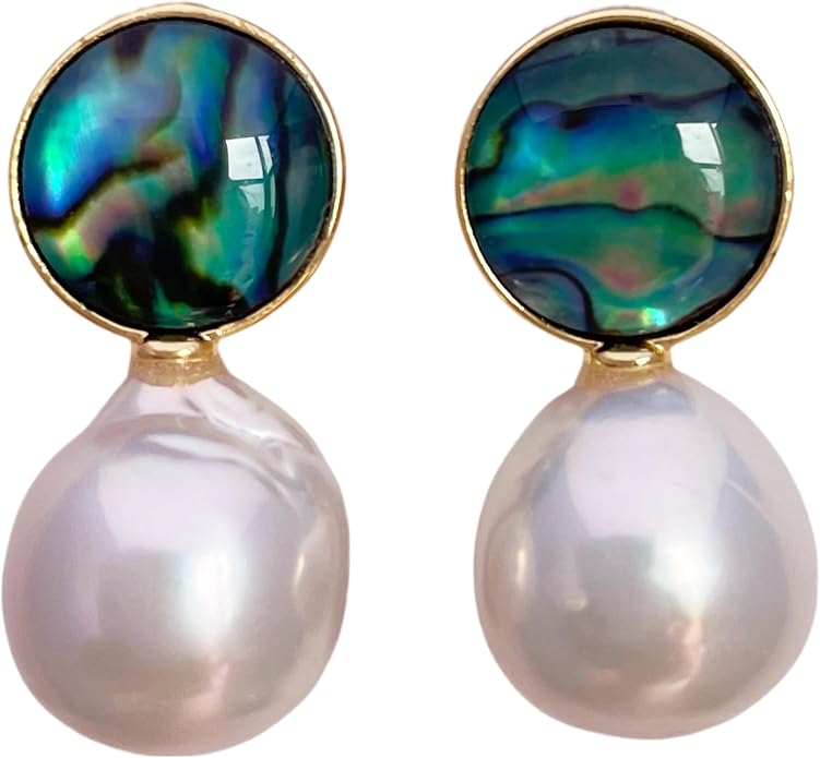Baroque Pearl Earrings Drop Dangle water droplet shaped Abalone Shell Freshwater Pearl Stud for Women 14K Gold plated Jewelry wedding earrings birthday Gift 11-12mm