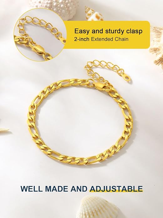 ChainsPro Resizable Anklet Chain for Women Men, Figaro/Wheat/Twist Rope/Cuban Foot Bracelet-Strong with Good Clasp-18K Gold Plated(Send Gift Box)