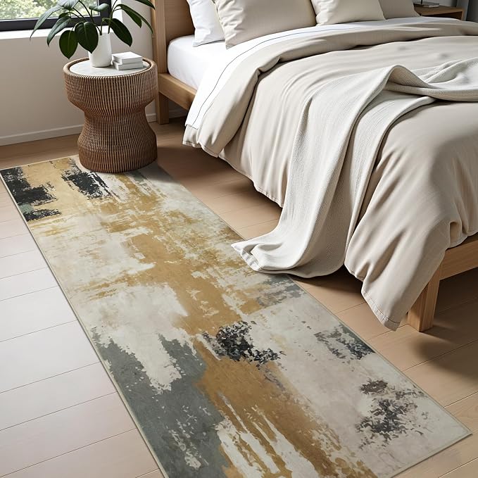 Joydeco 2x6 Washable Runner Rug for Hallway, Modern Abstract Non-Slip Soft Rugs, Low Pile Carpet for Entryway, Bedroom, Kitchen, Laundry, White &Beige & Dark Gray