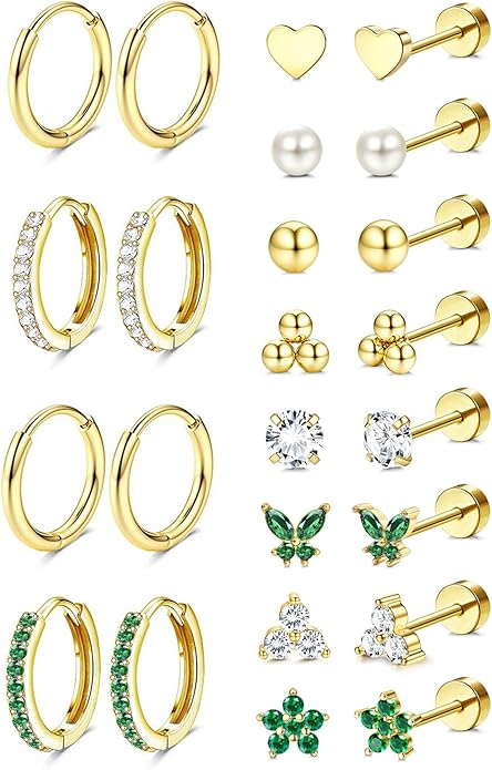 Jstyle Hypoallergenic 14K Gold Plated Stud Hoop Earrings for Women Men Surgical Stainless Steel Flat Back Earrings Small Huggie Hoops Cartilage Earring Set for Multiple Piercing Jewelry Gift for Women