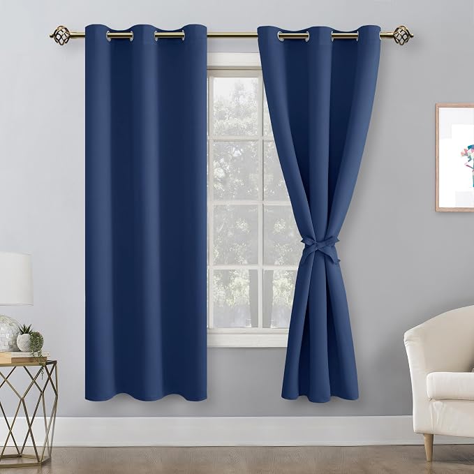 Hiasan Room Darkening Window Curtains for Bedroom, Thermal Insulated, Energy Saving Blackout Curtains, Set of 2 Panels, Sewn with Tiebacks, Grommet Top (Navy, Width 42 Inch x Length 63 Inch)