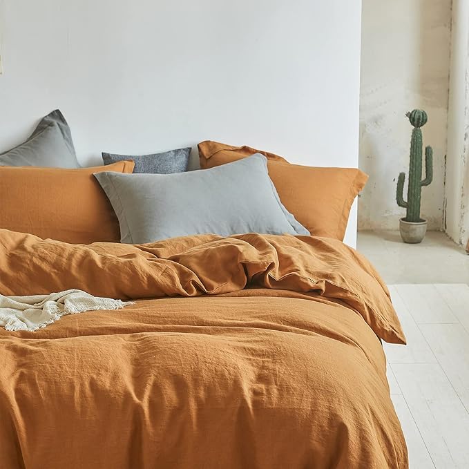 Simple&Opulence 100% Linen Duvet Cover Set 3pcs Basic Style Natural French Washed Flax Solid Color Soft Breathable Farmhouse Bedding with Button Closure - Rust, Full