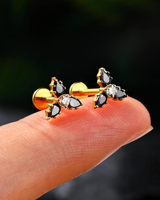 Cocharm G23 Titanium 16g Flat Back Helix Tragus Earring Stud - Gold Black Triple Floewr Threadless Cartilage Piercing Jewelry