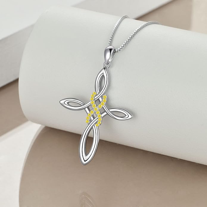 LUHE Celtic Knot Cross Necklace Sterling Silver Birthstone Polished Religious Infinity Celtics Jewelry Gifts for Women