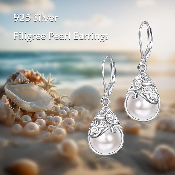 925 Sterling Silver Leverback Earrings Vintage Filigree Dangle Drop Earrings Jewelry Birthday Gifts for Women