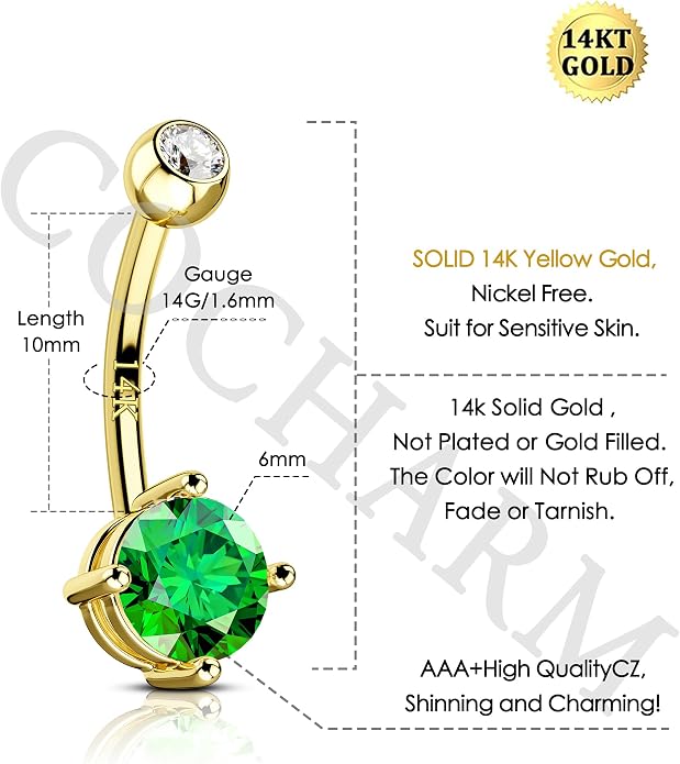 COCHARM 14K Gold Belly Button Rings for Women 14K Yellow Gold Belly Rings Round CZ Real Gold Belly Navel Piercing Jewelry