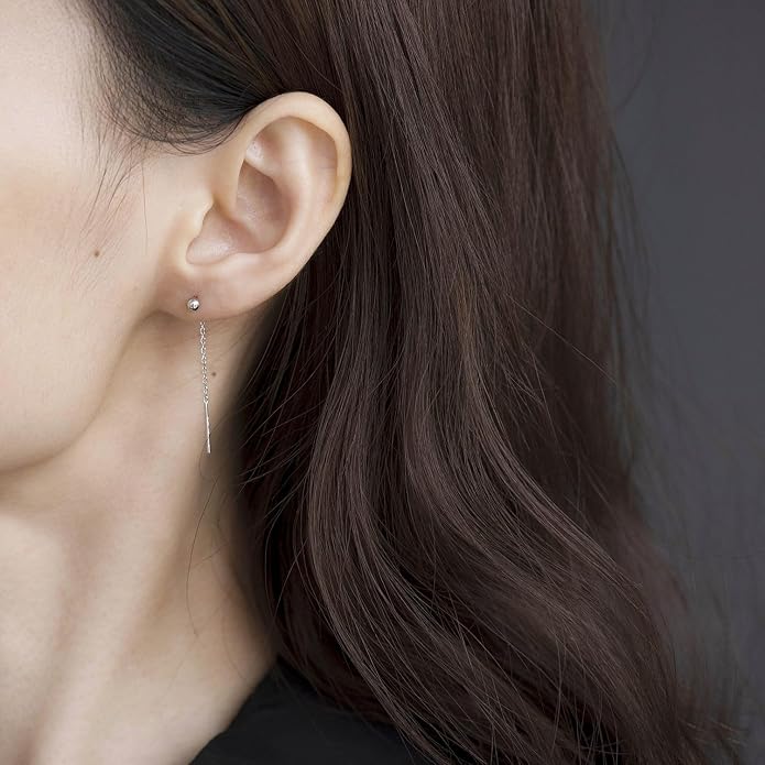 S.Leaf Threader Earrings for Women 925 Sterling Silver Gold Plated Hypoallergenic Backless Ardant Chain Duster Tassel Drop Double Piercing Pull Through Earrings for Women Trendy