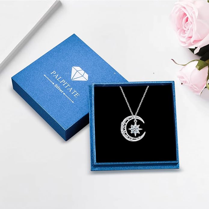 Palpitate Moon Star Necklace Moon Phase Necklace Pendant 925 Sterling Silver Jewelry Christmas Gifts for Women Wife Her Adjustable Chain